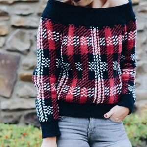 Forever 21 Houndstooth Plaid Red/Black Boat Neck Sweater sz Small